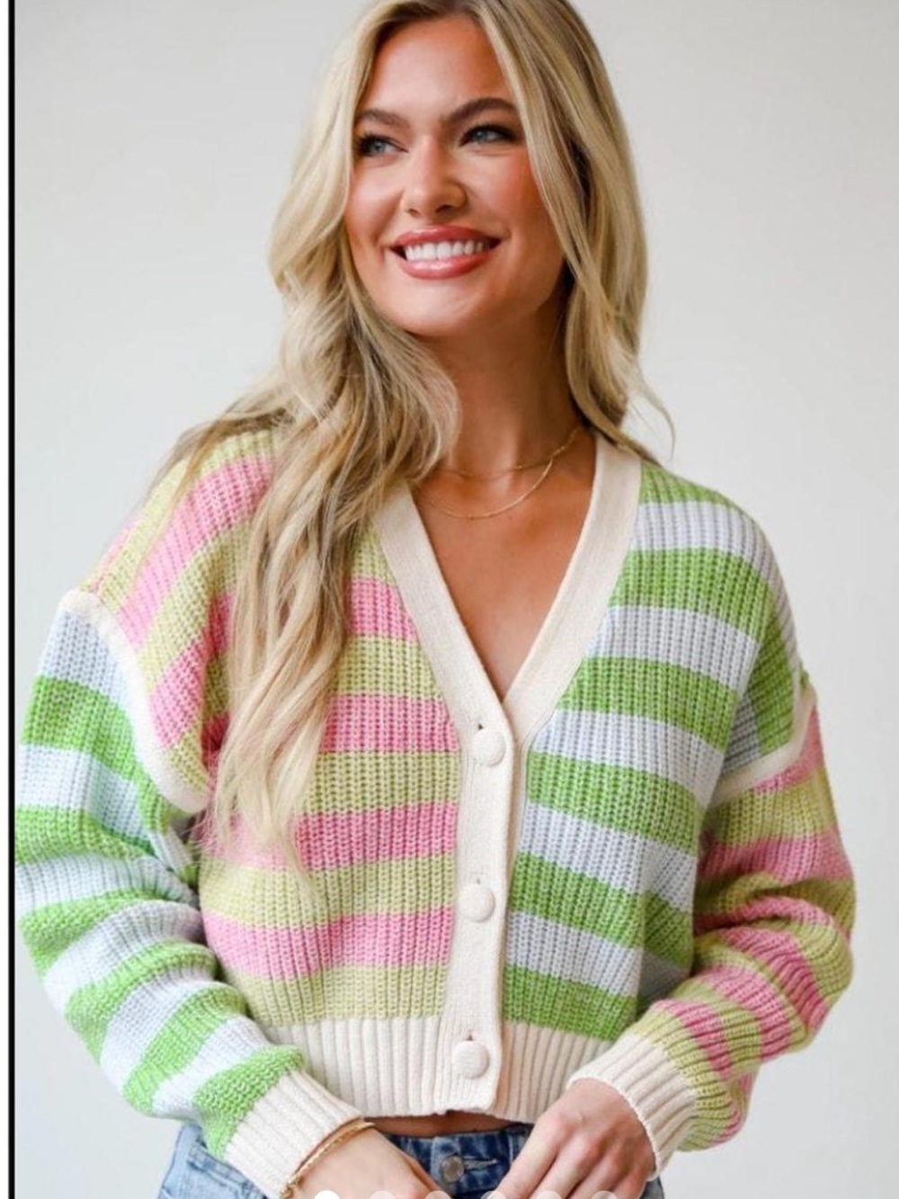 Lush Cropped Striped Cardigan Sweater - Pink, Green & White